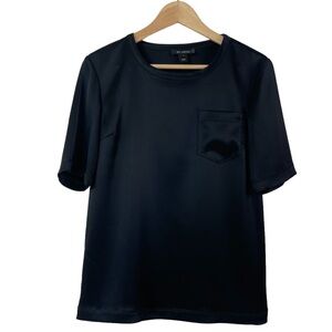 St. John Luxurious Black Liquid Satin Short Sleeve Blouse with Pocket Size P = 2